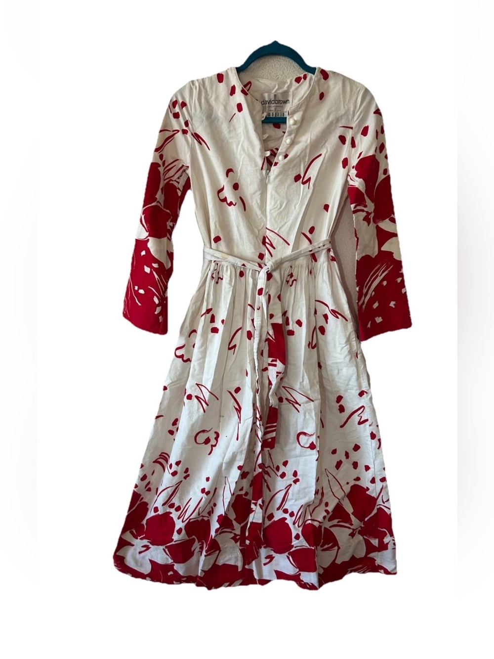 Vintage David Brown I Magnin Red White Cotton Midi Dress USA P READ